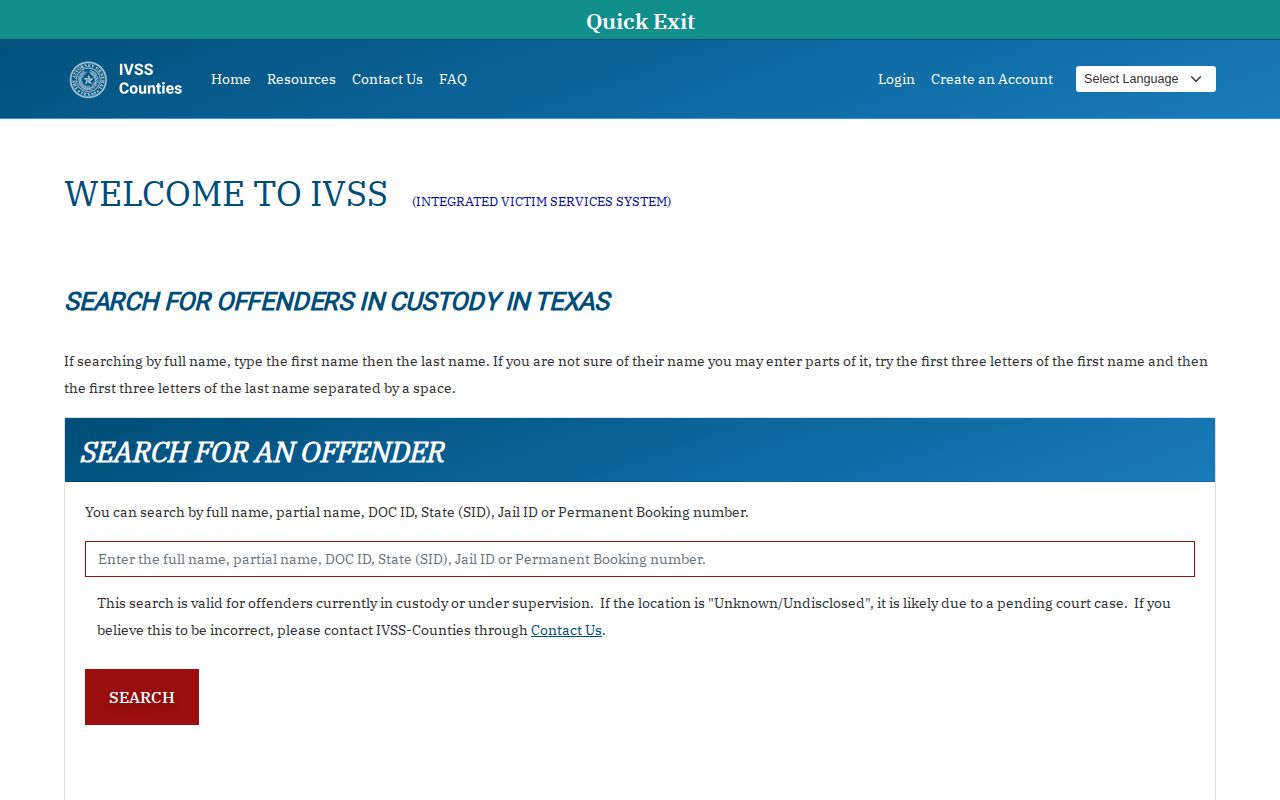 Texas IVSS-Counties person search and notification portal